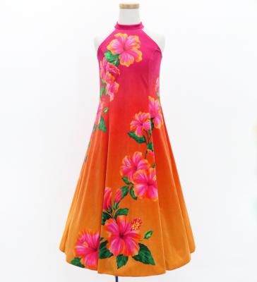 Hula Kids Long Hibiscus Dress with Velvet / Luxury Collection / Pink & Orange / Jp123pior