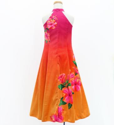 Hula Kids Long Hibiscus Dress with Velvet / Luxury Collection / Pink & Orange / Jp123pior