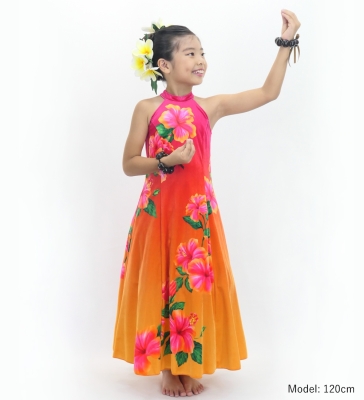 Hula Kids Long Hibiscus Dress with Velvet / Luxury Collection / Pink & Orange / Jp123pior