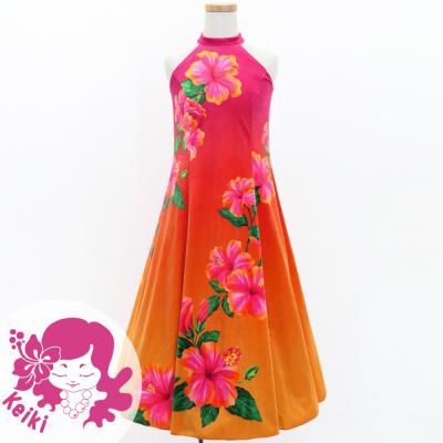 Hula Kids Long Hibiscus Dress with Velvet / Luxury Collection / Pink & Orange / Jp123pior