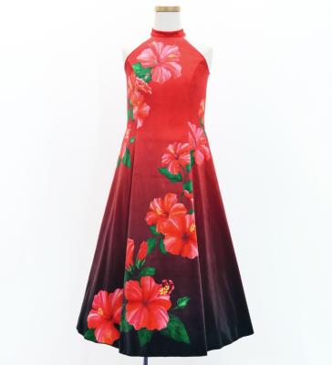 Hula Kids Long Hibiscus Dress with Velvet / Luxury Collection / Red & Black / Jp123rdbk
