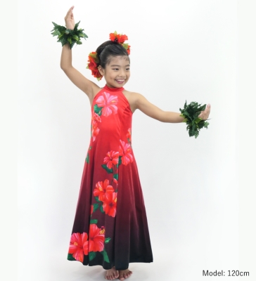 Hula Kids Long Hibiscus Dress with Velvet / Luxury Collection / Red & Black / Jp123rdbk