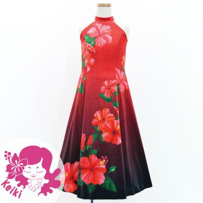 Hula Kids Long Hibiscus Dress with Velvet / Luxury Collection / Red & Black / Jp123rdbk