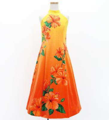 Hula Kids Long Hibiscus Dress with Velvet / Luxury Collection / Yellow & Orange / Jp123yeor