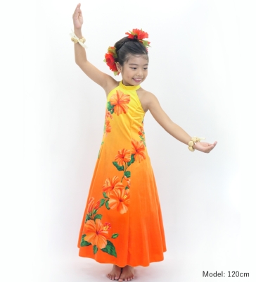 Hula Kids Long Hibiscus Dress with Velvet / Luxury Collection / Yellow & Orange / Jp123yeor