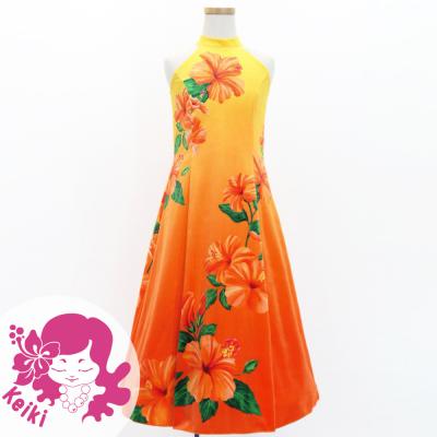 Hula Kids Long Hibiscus Dress with Velvet / Luxury Collection / Yellow & Orange / Jp123yeor