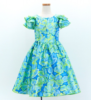 Hula Kids Midi Dress with Hibiscus Print / Luxury Collection / Blue & YellowGreen / Jp128blyegr