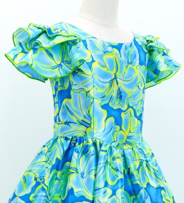 Hula Kids Midi Dress with Hibiscus Print / Luxury Collection / Blue & YellowGreen / Jp128blyegr