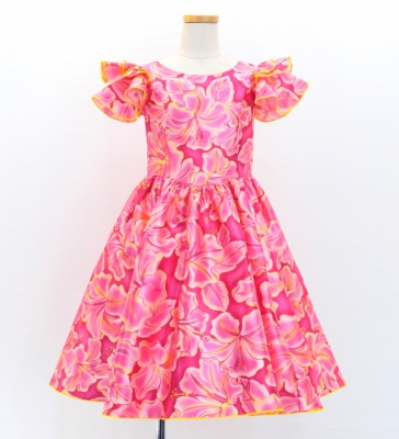 Hula Kids Midi Dress with Hibiscus Print / Luxury Collection / Pink & Yellow / Jp128piye