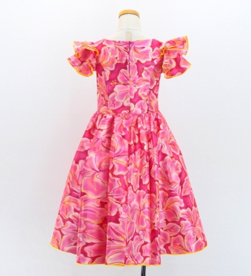 Hula Kids Midi Dress with Hibiscus Print / Luxury Collection / Pink & Yellow / Jp128piye