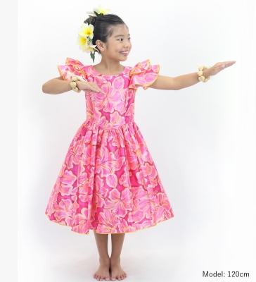 Hula Kids Midi Dress with Hibiscus Print / Luxury Collection / Pink & Yellow / Jp128piye