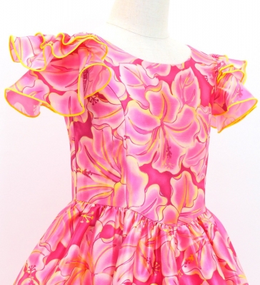 Hula Kids Midi Dress with Hibiscus Print / Luxury Collection / Pink & Yellow / Jp128piye