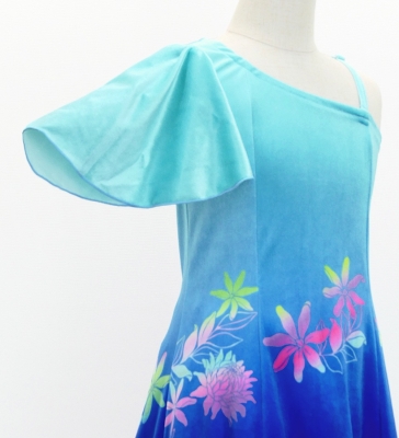 Hula Kids One Shoulder Long Frill sleeve Dress with Protea & tiare  / Luxury Collection / LBL & BL / Jp129lblbl
