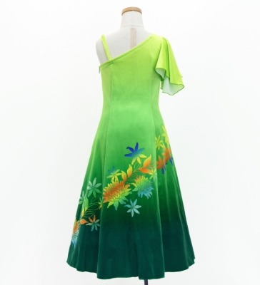Hula Kids One Shoulder Long Frill sleeve Dress with Protea & tiare  / Luxury Collection / LGR & GR / Jp129lgrgr