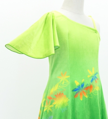 Hula Kids One Shoulder Long Frill sleeve Dress with Protea & tiare  / Luxury Collection / LGR & GR / Jp129lgrgr