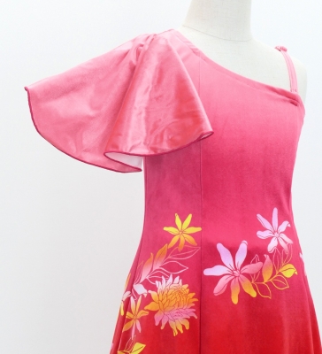 Hula Kids One Shoulder Long Frill sleeve Dress with Protea & tiare  / Luxury Collection / LRD & RD / Jp129lrdrd