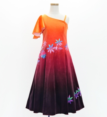 Hula Kids One Shoulder Long Frill sleeve Dress with Protea & tiare  / Luxury Collection / OR & BR / Jp129orbr