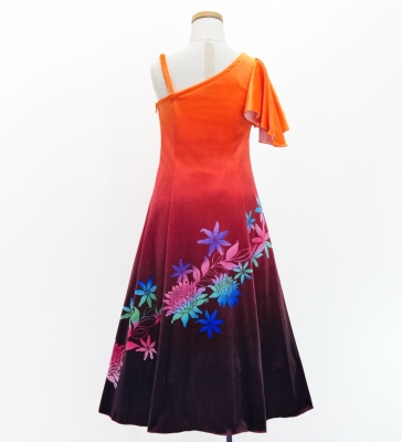 Hula Kids One Shoulder Long Frill sleeve Dress with Protea & tiare  / Luxury Collection / OR & BR / Jp129orbr