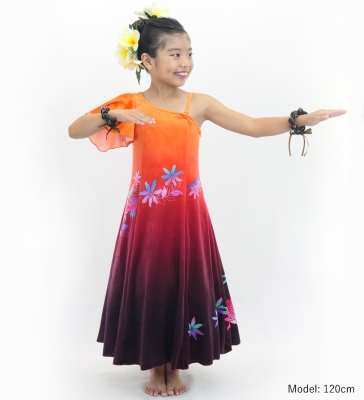 Hula Kids One Shoulder Long Frill sleeve Dress with Protea & tiare  / Luxury Collection / OR & BR / Jp129orbr
