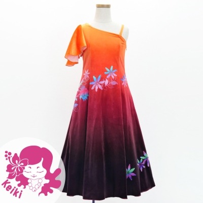 Hula Kids One Shoulder Long Frill sleeve Dress with Protea & tiare  / Luxury Collection / OR & BR / Jp129orbr