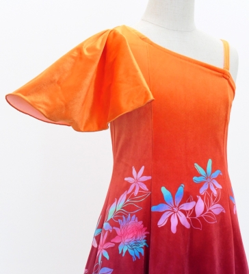 Hula Kids One Shoulder Long Frill sleeve Dress with Protea & tiare  / Luxury Collection / OR & BR / Jp129orbr