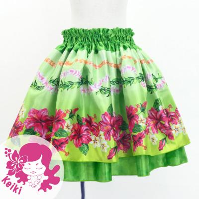 Hula Kids Double Shantung Pa'u Skirt with Hibiscus Print / Luxury Collection / Green / Jp131gr