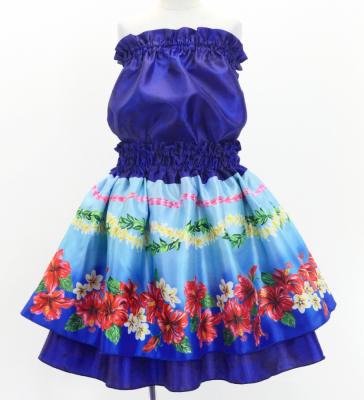 Hula Kids Blouse & Double Pa'u Set-Up with Hibiscus Print / Luxury Collection / Blue / Jp132bl