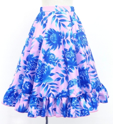 Hula Kids Long Frill Shantung Circular Skirt with Protea Print / Pink & Blue / Jp146