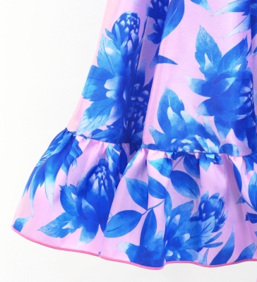Hula Kids Long Frill Shantung Circular Skirt with Protea Print / Pink & Blue / Jp146