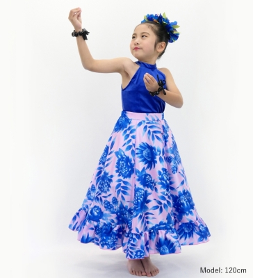 Hula Kids Long Frill Shantung Circular Skirt with Protea Print / Pink & Blue / Jp146