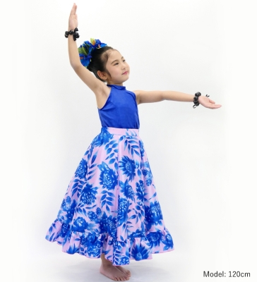 Hula Kids Long Frill Shantung Circular Skirt with Protea Print / Pink & Blue / Jp146