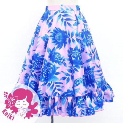Hula Kids Long Frill Shantung Circular Skirt with Protea Print / Pink & Blue / Jp146