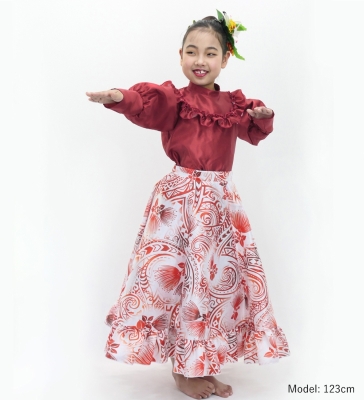 Hula Kids Long Frill Shantung Circular Skirt with Lehua Print / White / Jp147