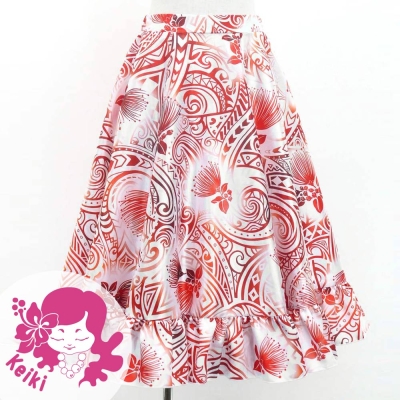 Hula Kids Long Frill Shantung Circular Skirt with Lehua Print / White / Jp147