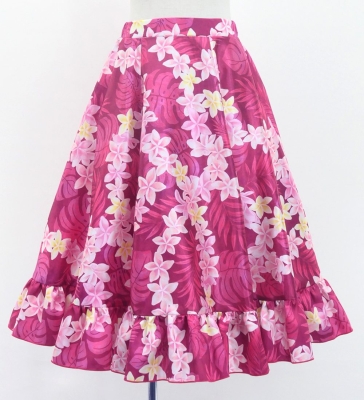 Hula Kids Long Frill Shantung Circular Skirt with Plumeria Lei Print / Red Purple / Jp148