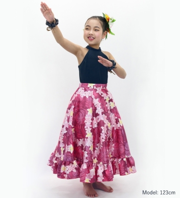 Hula Kids Long Frill Shantung Circular Skirt with Plumeria Lei Print / Red Purple / Jp148