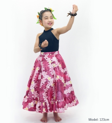 Hula Kids Long Frill Shantung Circular Skirt with Plumeria Lei Print / Red Purple / Jp148