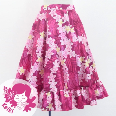 Hula Kids Long Frill Shantung Circular Skirt with Plumeria Lei Print / Red Purple / Jp148