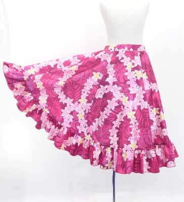 Hula Kids Long Frill Shantung Circular Skirt with Plumeria Lei Print / Red Purple / Jp148
