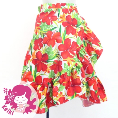 Hula Kids Wrap Skirt with Frills / Hibiscus / White / Jp149