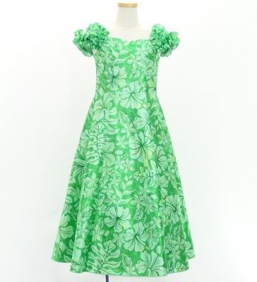 Hula Kids Long Dress with Hawaiian Flower Print / Luxury Collection / Green / Jp153gr