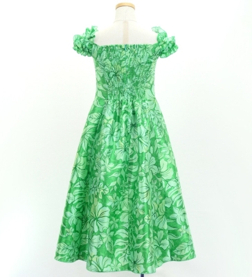 Hula Kids Long Dress with Hawaiian Flower Print / Luxury Collection / Green / Jp153gr