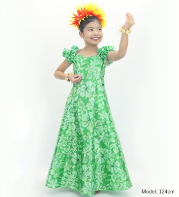 Hula Kids Long Dress with Hawaiian Flower Print / Luxury Collection / Green / Jp153gr