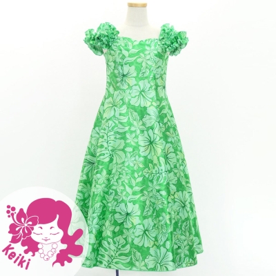 Hula Kids Long Dress with Hawaiian Flower Print / Luxury Collection / Green / Jp153gr