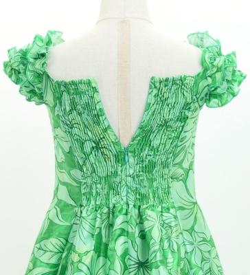 Hula Kids Long Dress with Hawaiian Flower Print / Luxury Collection / Green / Jp153gr
