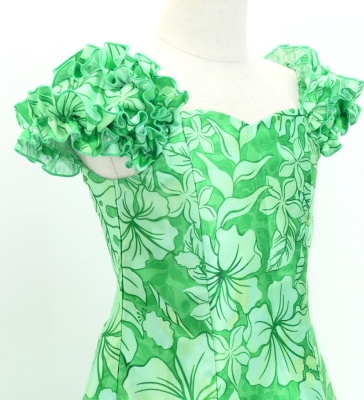 Hula Kids Long Dress with Hawaiian Flower Print / Luxury Collection / Green / Jp153gr