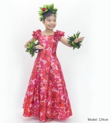 Hula Kids Long Dress with Hawaiian Flower Print / Luxury Collection / Red / Jp153rd