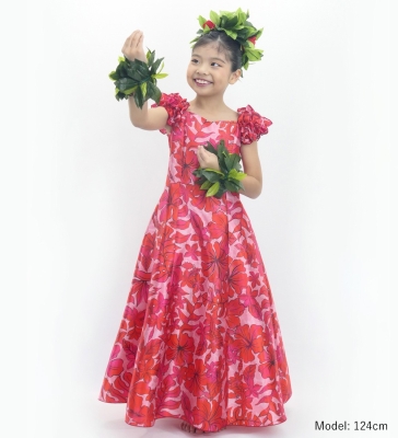 Hula Kids Long Dress with Hawaiian Flower Print / Luxury Collection / Red / Jp153rd