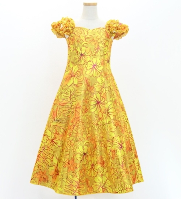 Hula Kids Long Dress with Hawaiian Flower Print / Luxury Collection / Dark Yellow/ Jp153dye