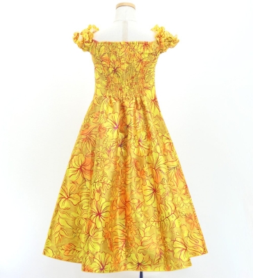 Hula Kids Long Dress with Hawaiian Flower Print / Luxury Collection / Dark Yellow/ Jp153dye